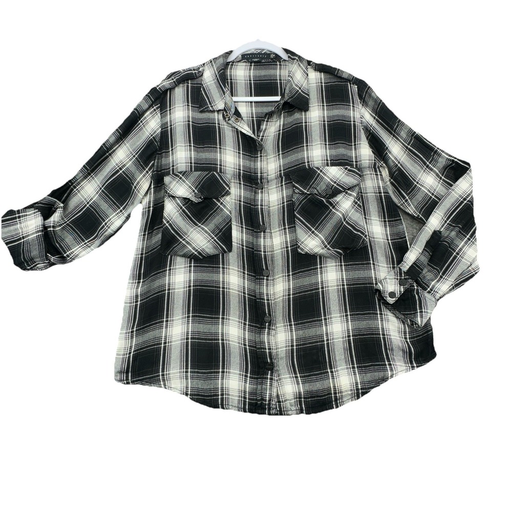 Sanctuary Boyfriend Shirt Black White Plaid Button Up‎ Flannel Size M